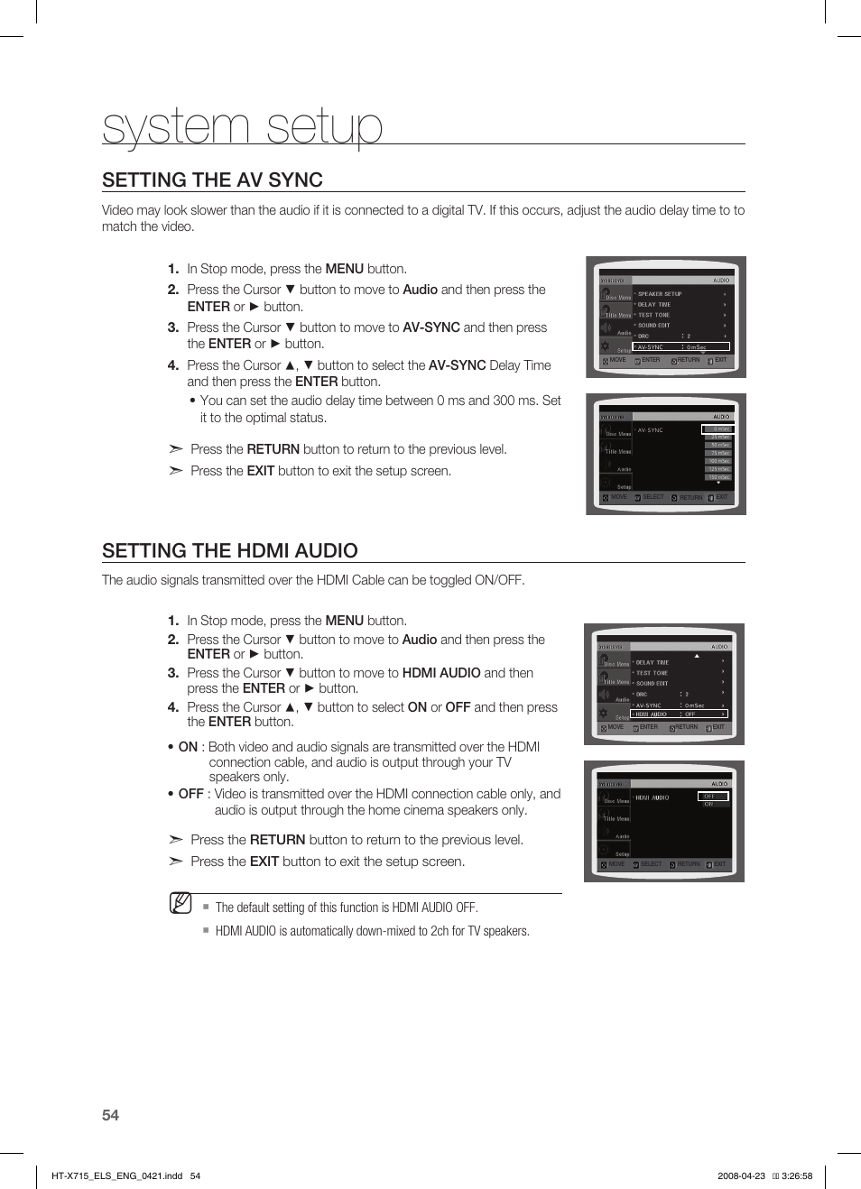 Seting the av sync, Seting the hdmi audio, System setup | Setting the av sync, Setting the hdmi audio | Samsung HT-TX715 User Manual | Page 54 / 70