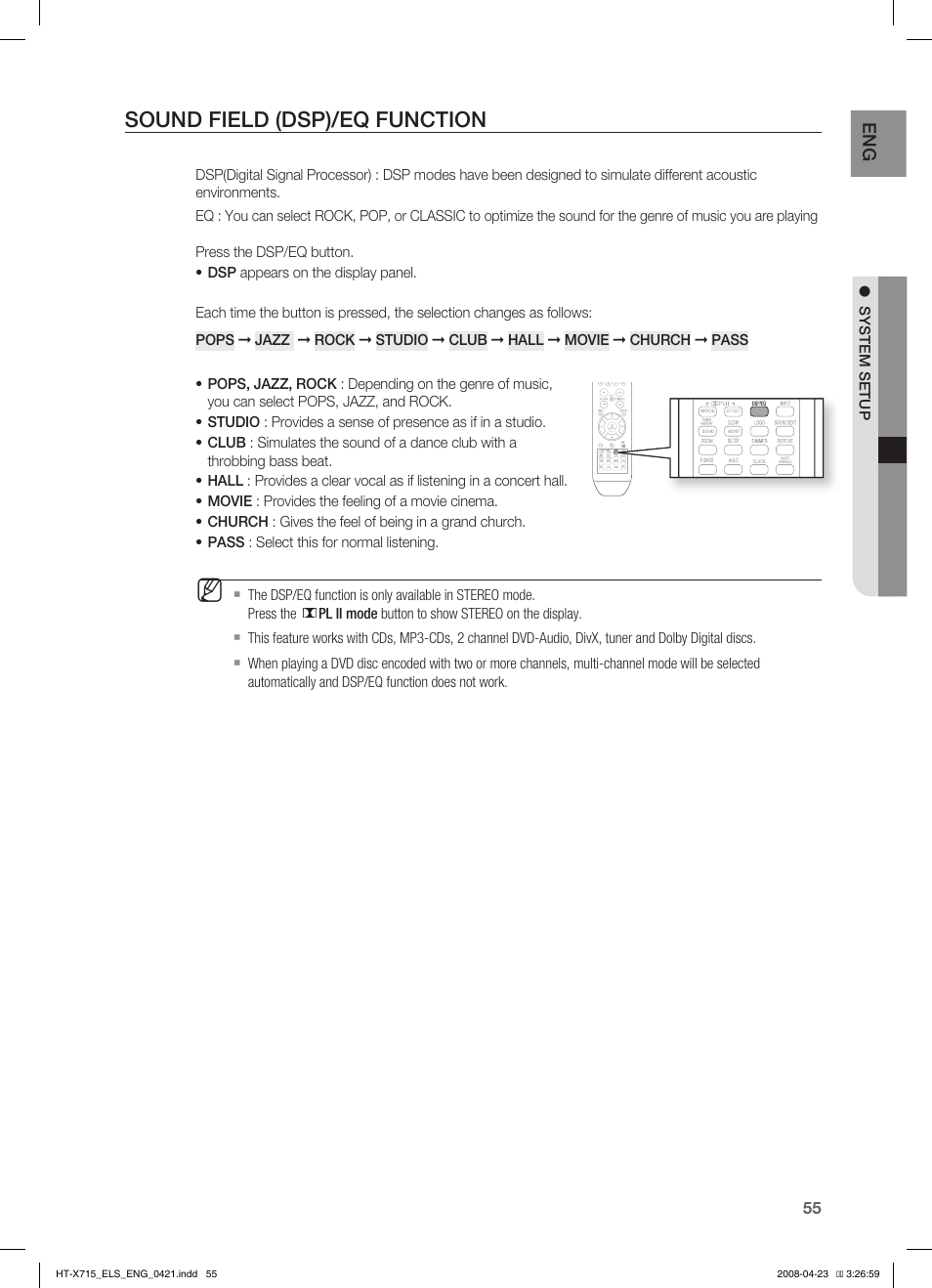 Sound field (dsp)/eq function | Samsung HT-TX715 User Manual | Page 55 / 70