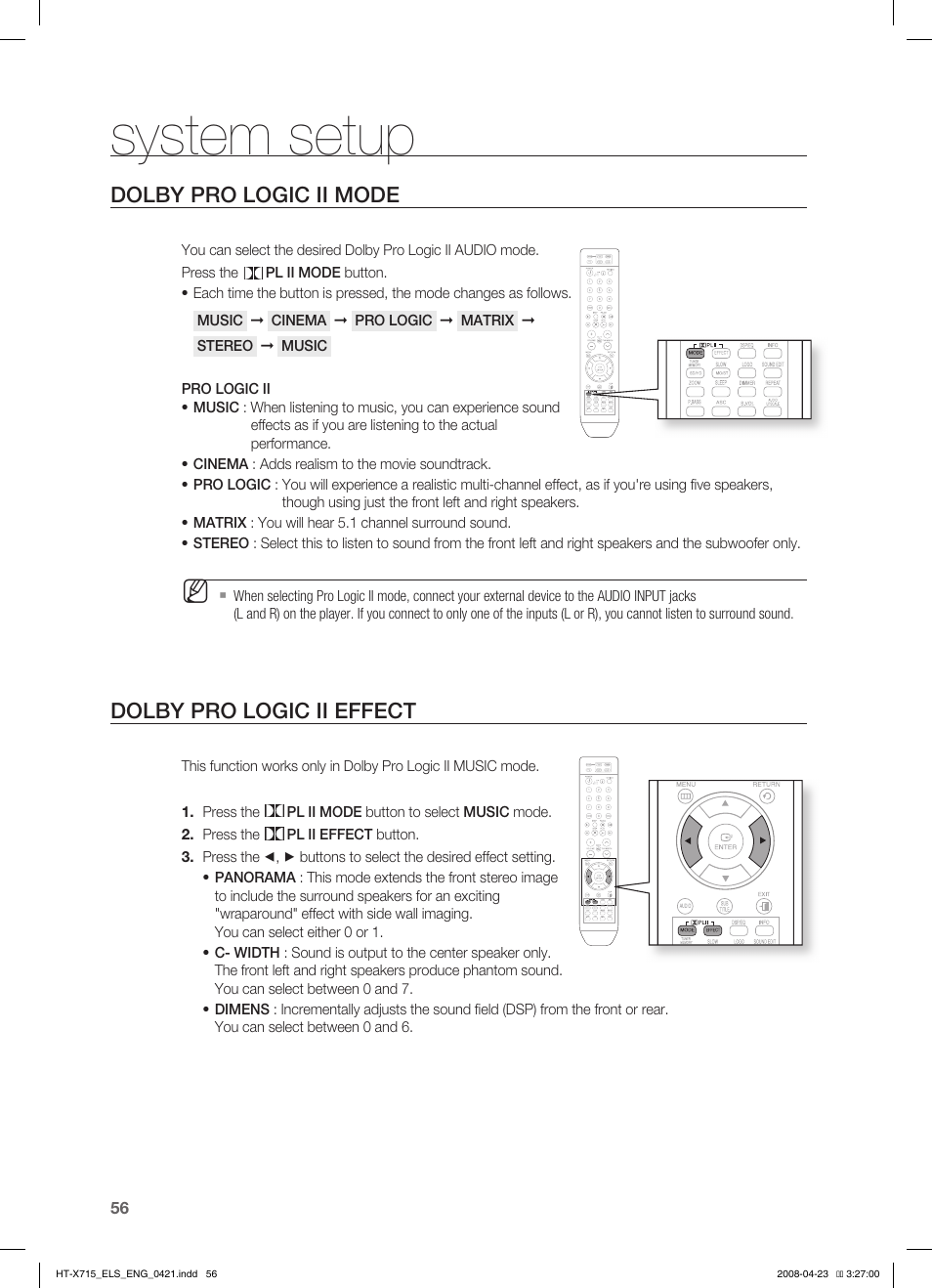 Dolby pro logic ii mode, Dolby pro logic ii effect, System setup | Samsung HT-TX715 User Manual | Page 56 / 70