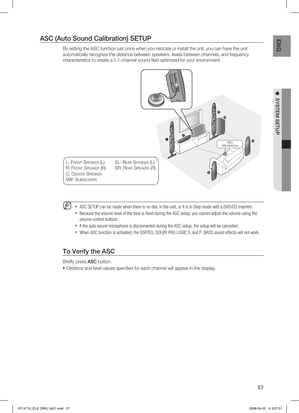 Asc (auto sound calibration) setup | Samsung HT-TX715 User Manual | Page 57 / 70