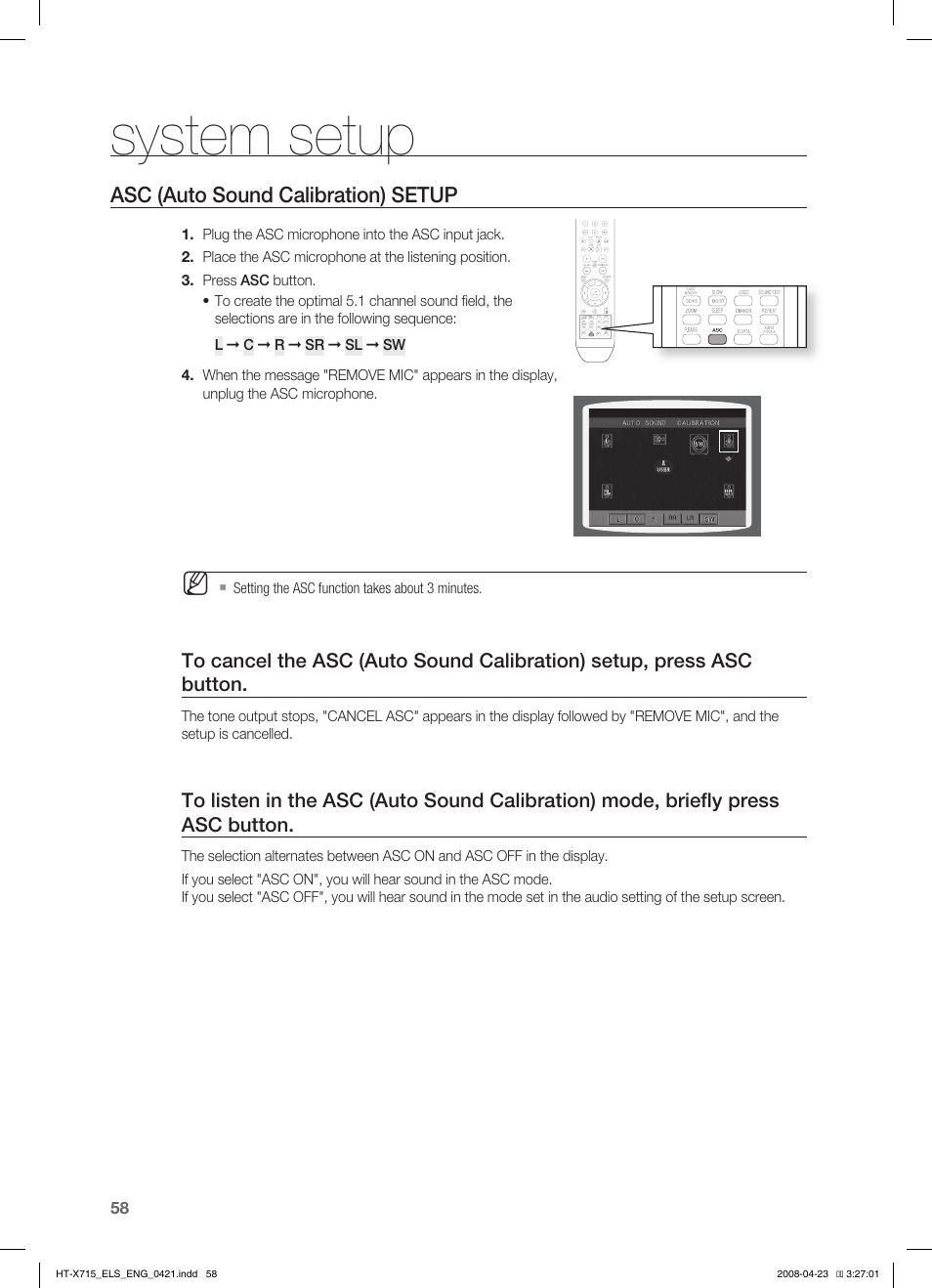 Asc (auto sound calibration) setup, System setup | Samsung HT-TX715 User Manual | Page 58 / 70