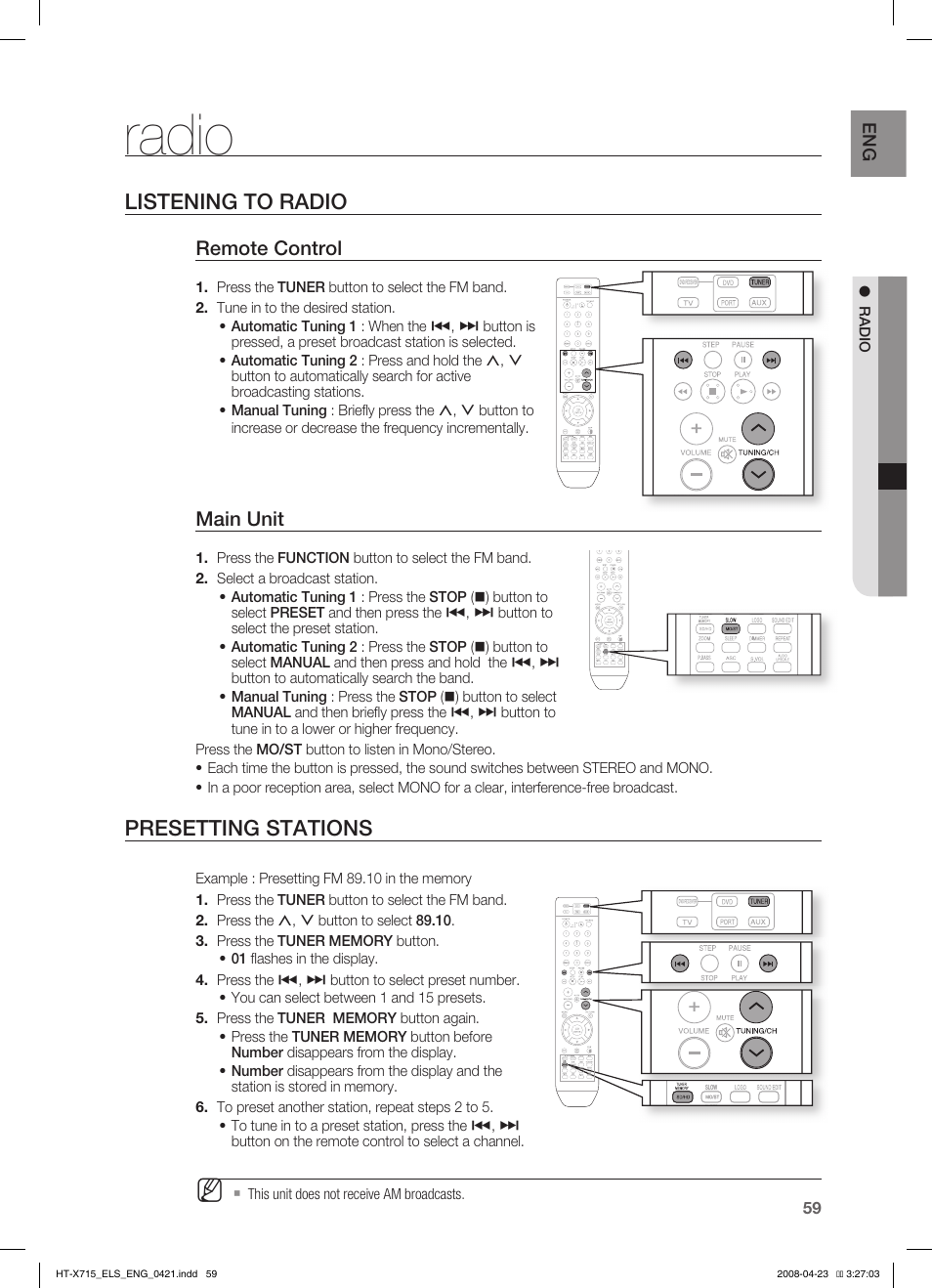 Radio, Listening to radio, Presetting stations | Remote control, Main unit | Samsung HT-TX715 User Manual | Page 59 / 70