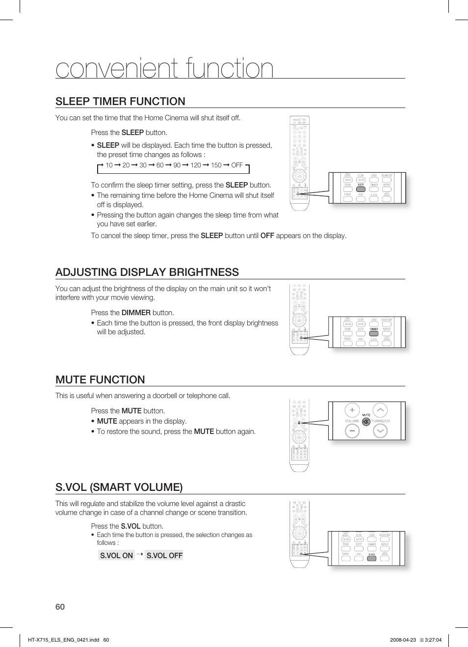 Convenient function, Sleep timer function, Adjusting display brightness | Mute function, S.vol (smart volume) | Samsung HT-TX715 User Manual | Page 60 / 70