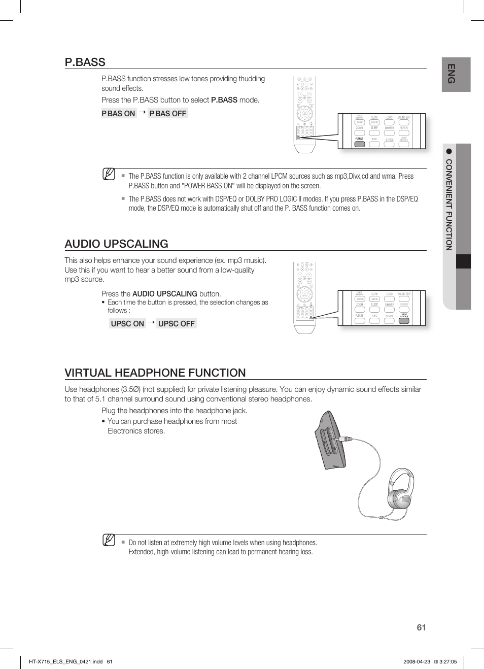P.bass, Audio upscaling, Virtual headphone function | Samsung HT-TX715 User Manual | Page 61 / 70