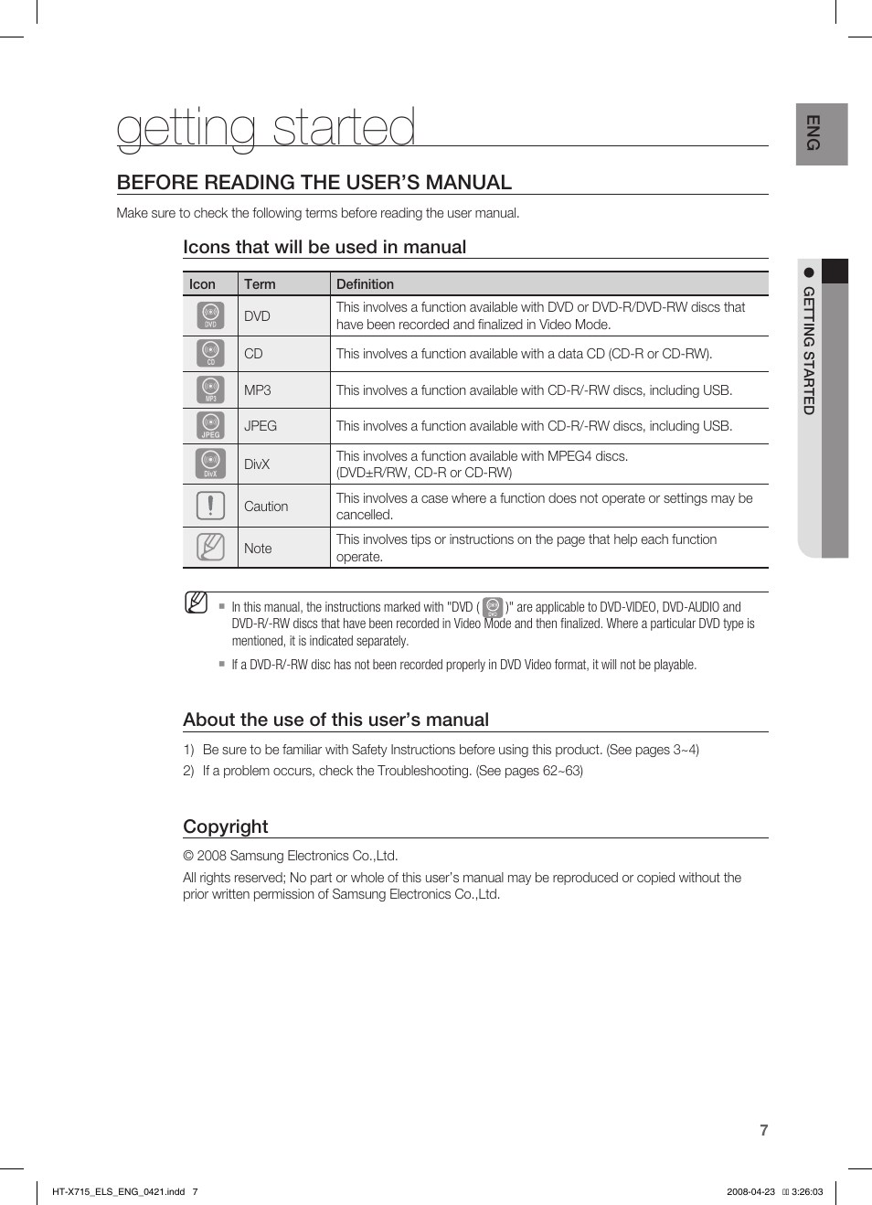 Getting started, Before reading the user’s manual | Samsung HT-TX715 User Manual | Page 7 / 70