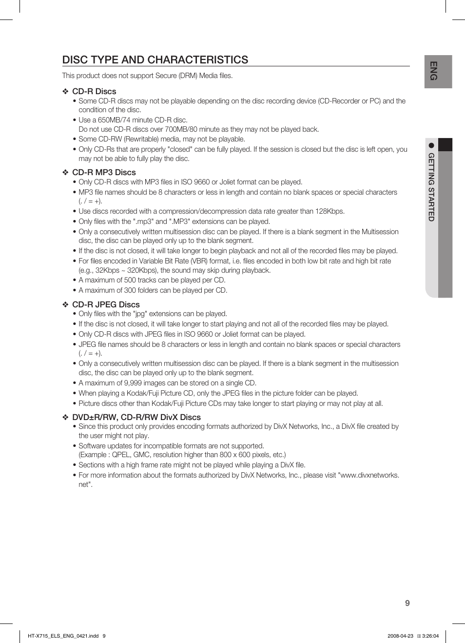 Disc type and characteristics | Samsung HT-TX715 User Manual | Page 9 / 70