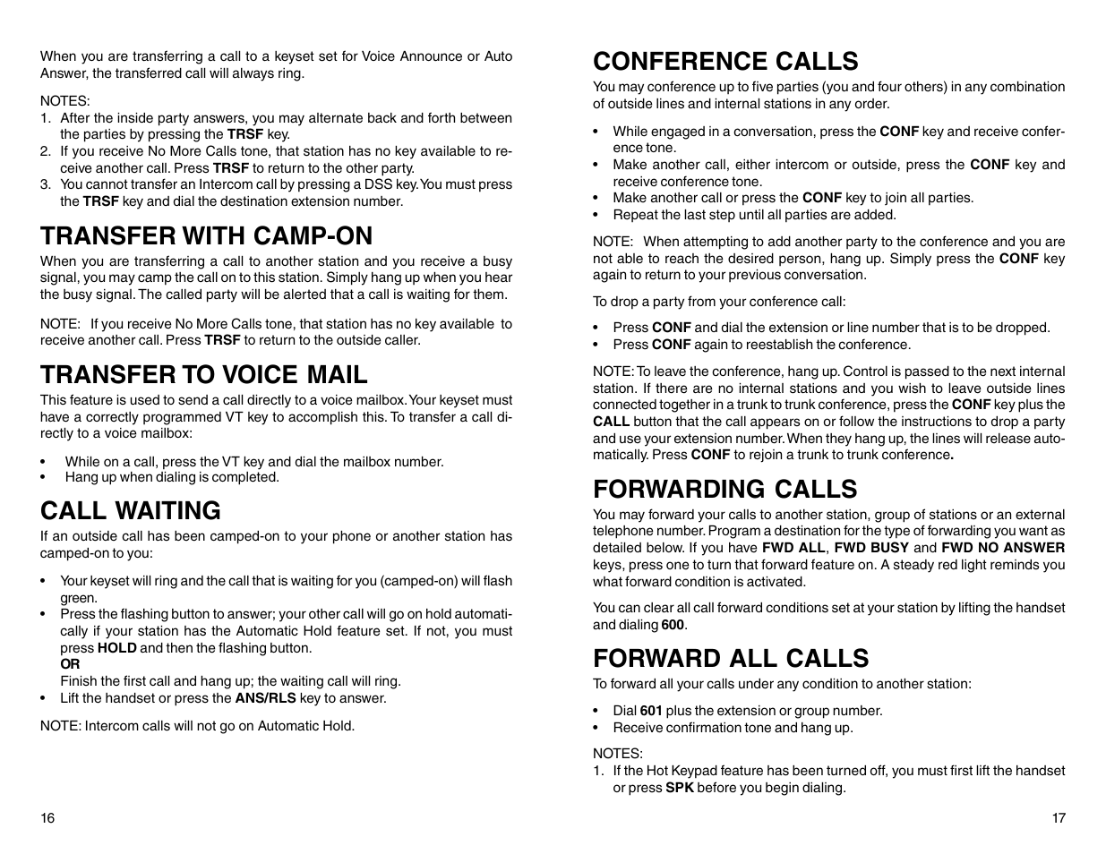 Transfer with camp-on, Transfer to voice mail, Call waiting | Conference calls, Forwarding calls, Forward all calls | Samsung DCS 50si User Manual | Page 11 / 26