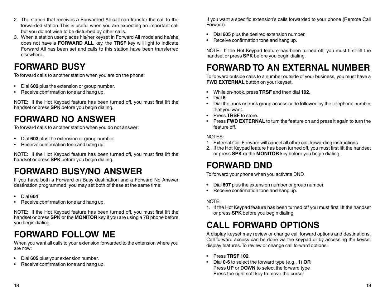 Forward busy, Forward no answer, Forward busy/no answer | Forward follow me, Forward to an external number, Forward dnd, Call forward options | Samsung DCS 50si User Manual | Page 12 / 26