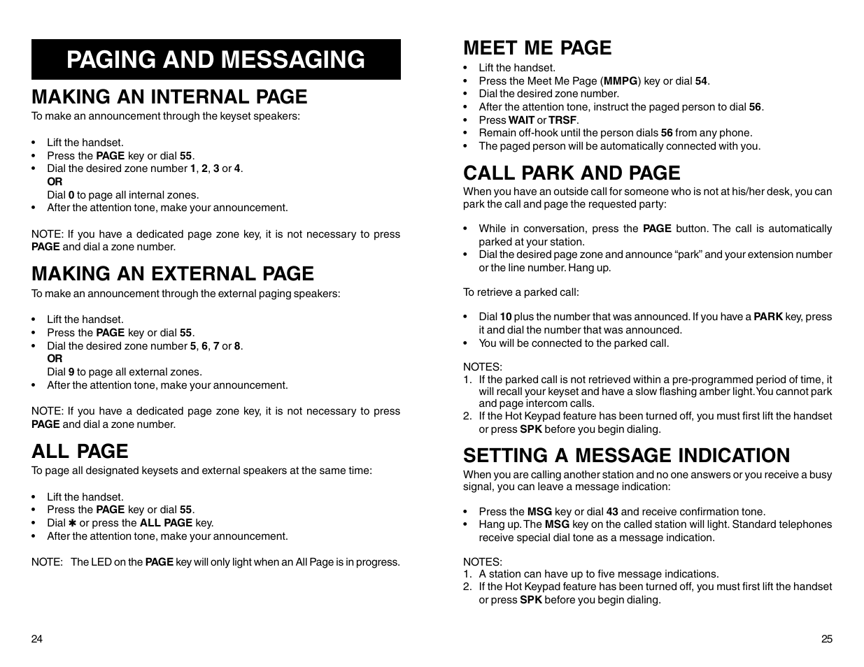 Paging and messaging, Making an internal page, Making an external page | All page, Meet me page, Call park and page, Setting a message indication | Samsung DCS 50si User Manual | Page 15 / 26