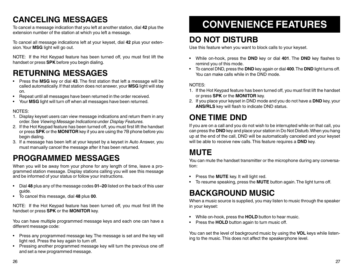 Convenience features, Canceling messages, Returning messages | Programmed messages, Do not disturb, One time dnd, Mute, Background music | Samsung DCS 50si User Manual | Page 16 / 26