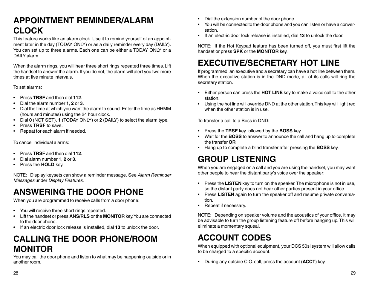 Appointment reminder/alarm clock, Answering the door phone, Calling the door phone/room monitor | Executive/secretary hot line, Group listening, Account codes | Samsung DCS 50si User Manual | Page 17 / 26