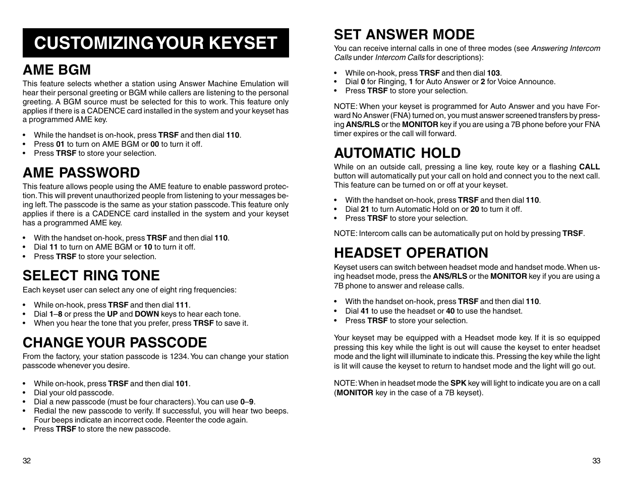 Customizing your keyset, Ame bgm, Ame password | Select ring tone, Change your passcode, Set answer mode, Automatic hold, Headset operation | Samsung DCS 50si User Manual | Page 19 / 26