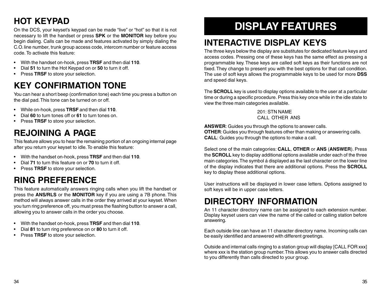 Display features, Hot keypad, Key confirmation tone | Rejoining a page, Ring preference, Interactive display keys, Directory information | Samsung DCS 50si User Manual | Page 20 / 26