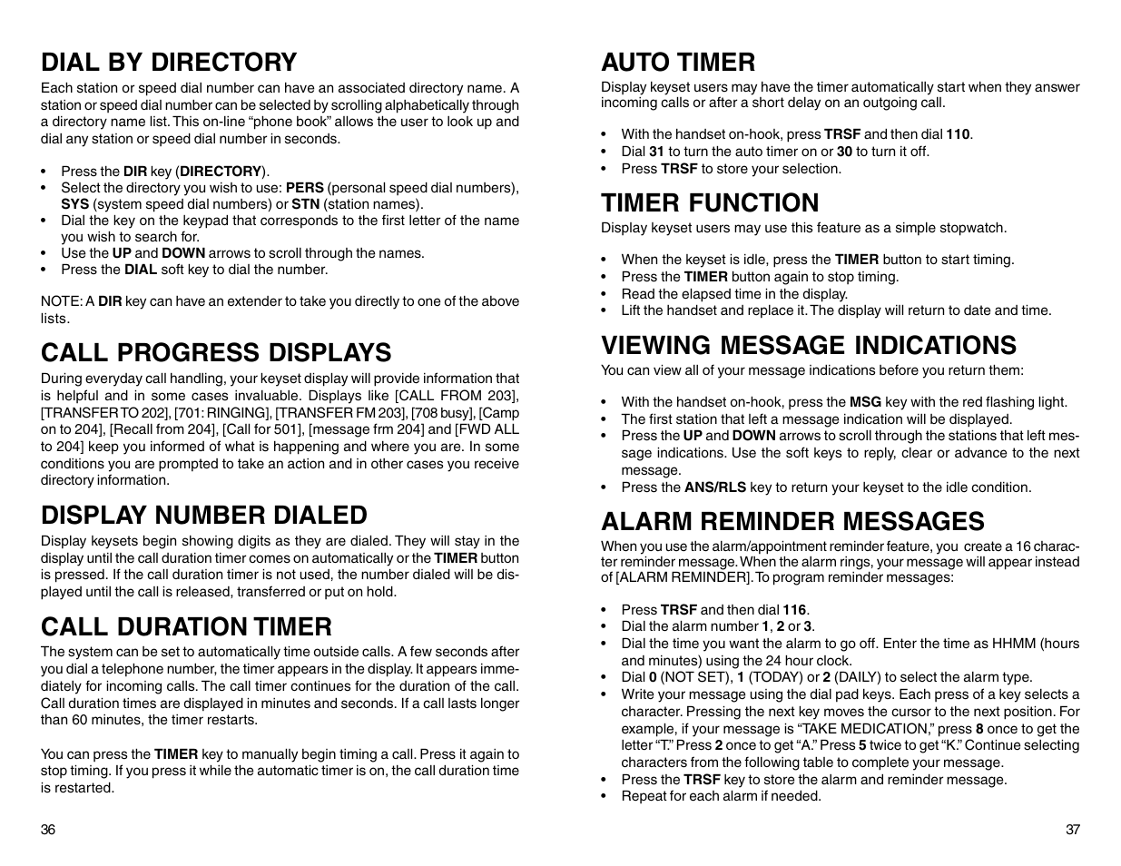 Dial by directory, Call progress displays, Display number dialed | Call duration timer, Auto timer, Timer function, Viewing message indications, Alarm reminder messages | Samsung DCS 50si User Manual | Page 21 / 26