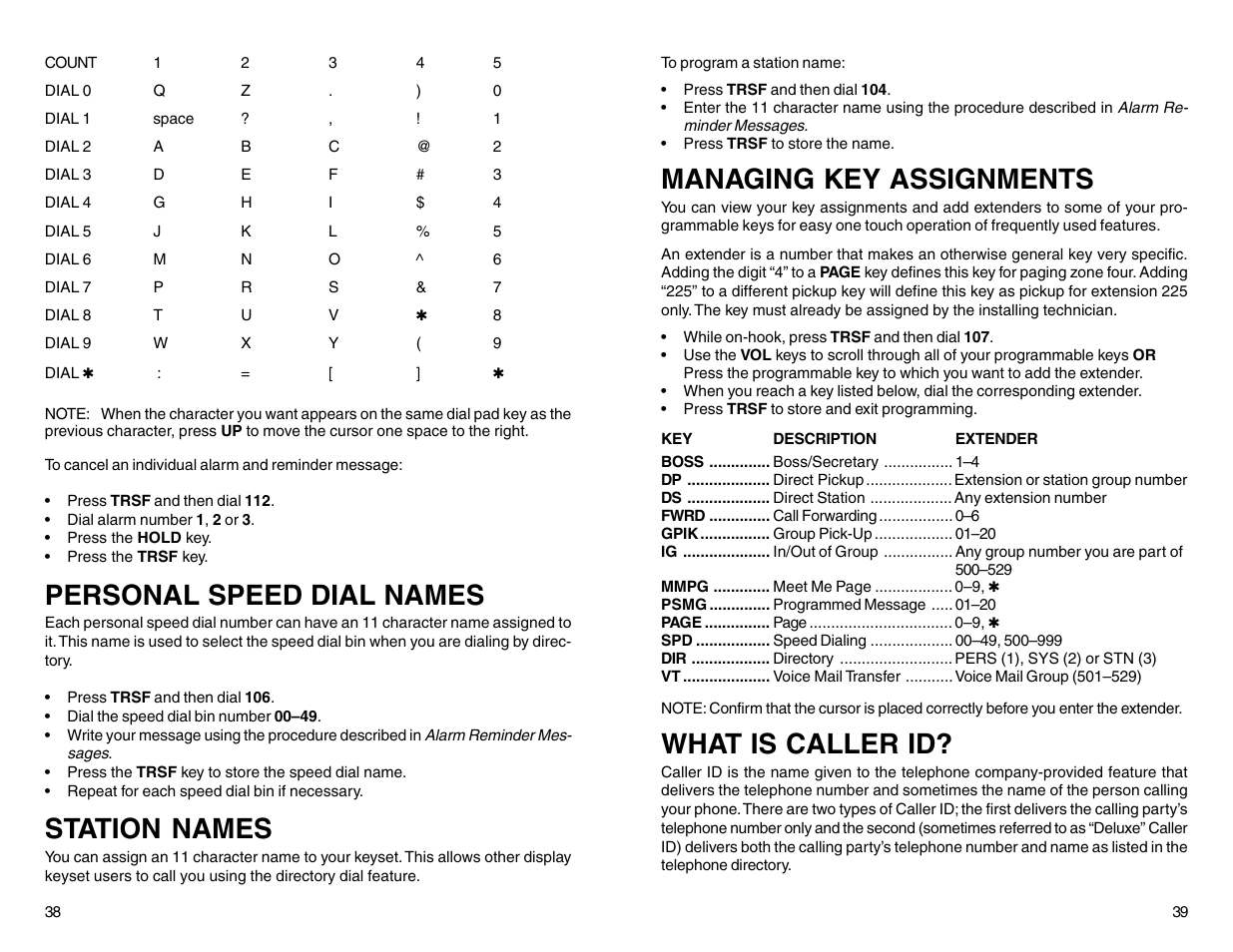 Personal speed dial names, Station names, Managing key assignments | What is caller id | Samsung DCS 50si User Manual | Page 22 / 26