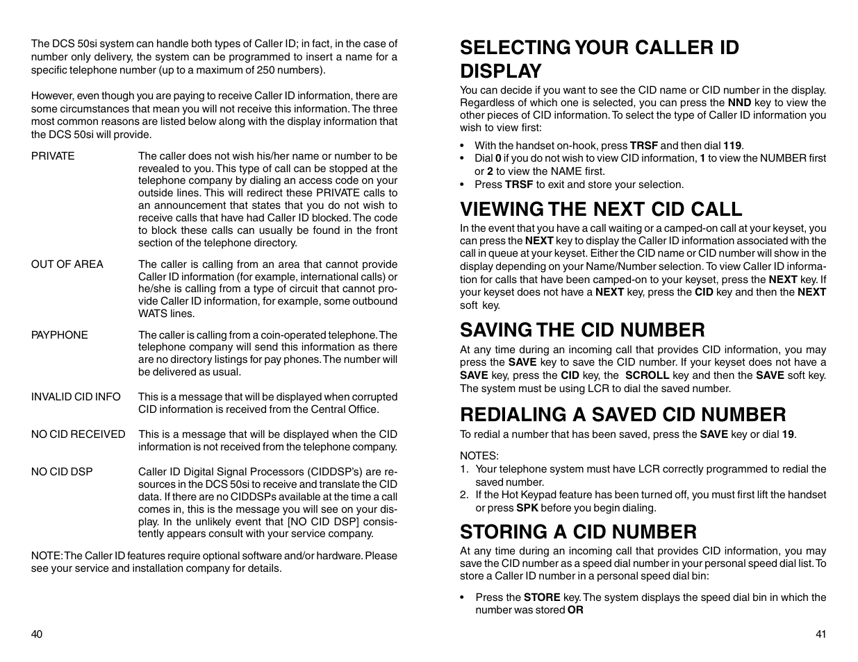 Selecting your caller id display, Viewing the next cid call, Saving the cid number | Redialing a saved cid number, Storing a cid number | Samsung DCS 50si User Manual | Page 23 / 26