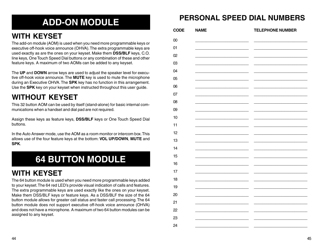 Add-on module, 64 button module, With keyset | Without keyset, Personal speed dial numbers | Samsung DCS 50si User Manual | Page 25 / 26