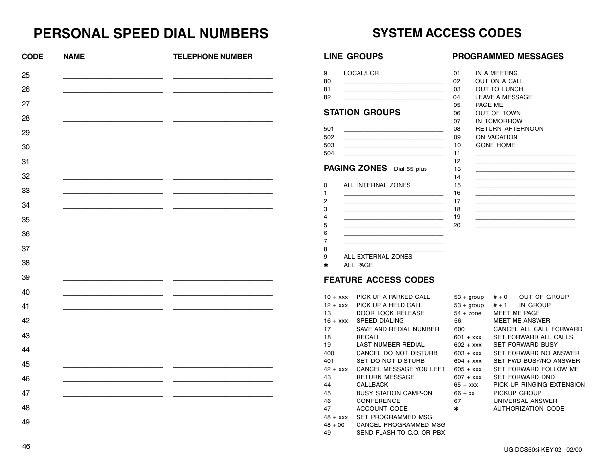 Personal speed dial numbers, System access codes | Samsung DCS 50si User Manual | Page 26 / 26