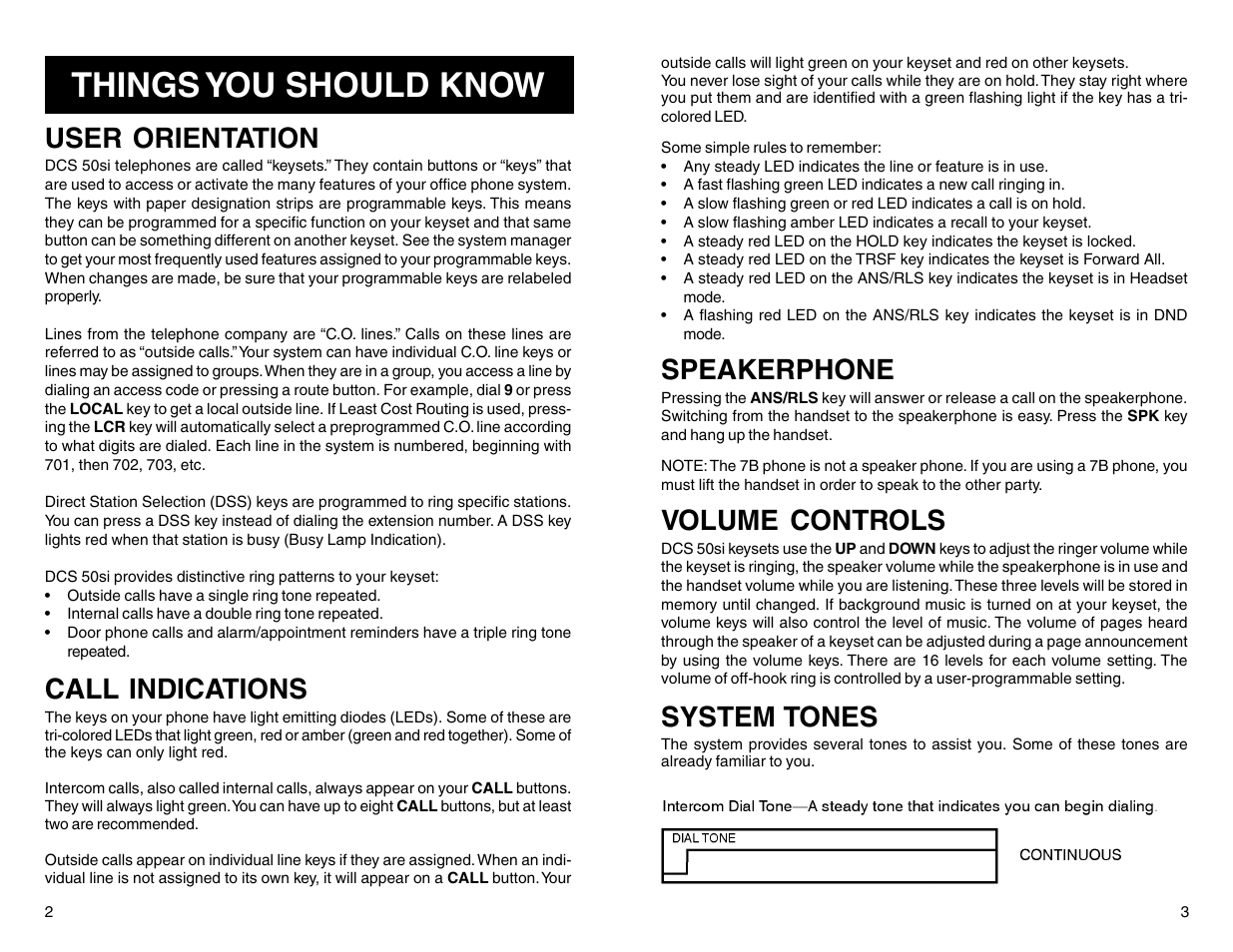Things you should know, User orientation, Call indications | Speakerphone, Volume controls, System tones | Samsung DCS 50si User Manual | Page 4 / 26