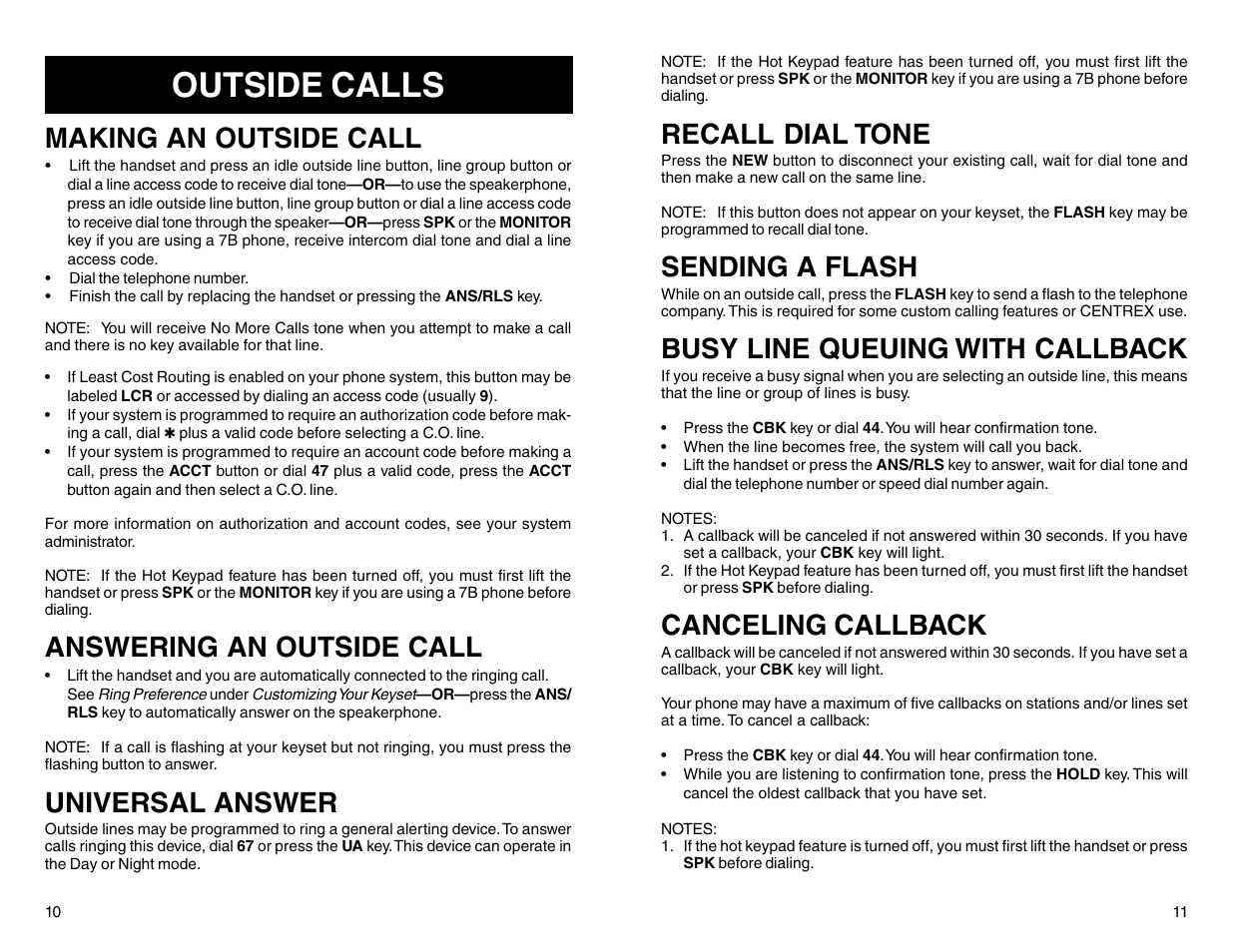 Outside calls, Making an outside call, Answering an outside call | Universal answer, Recall dial tone, Sending a flash, Busy line queuing with callback, Canceling callback | Samsung DCS 50si User Manual | Page 8 / 26