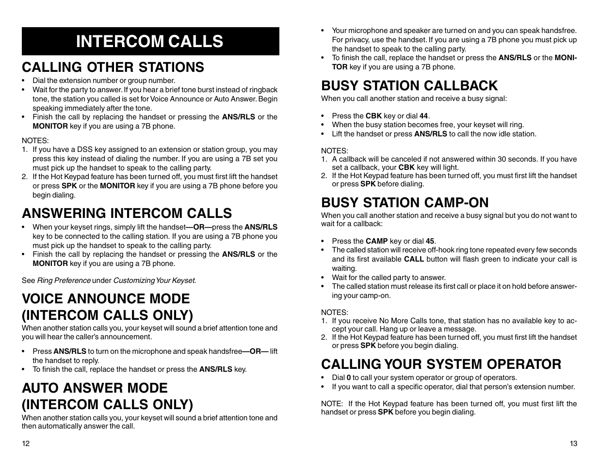 Intercom calls, Calling other stations, Answering intercom calls | Voice announce mode (intercom calls only), Auto answer mode (intercom calls only), Busy station callback, Busy station camp-on, Calling your system operator | Samsung DCS 50si User Manual | Page 9 / 26