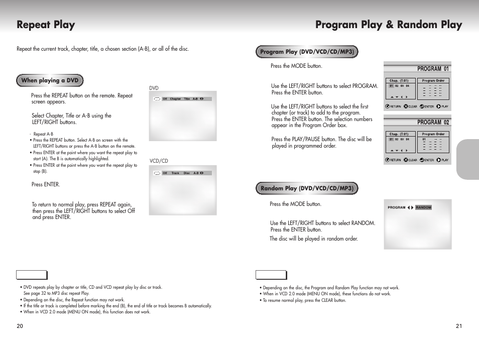 Repeat play program play & random play | Samsung DVD-P421 User Manual | Page 11 / 22