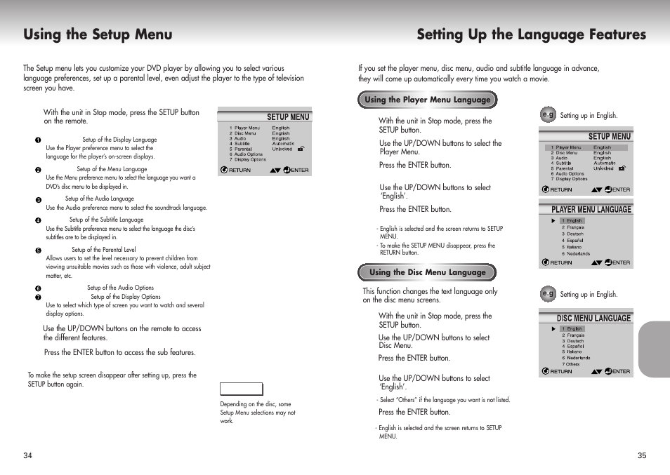 Using the setup menu, Setting up the language features | Samsung DVD-P421 User Manual | Page 18 / 22