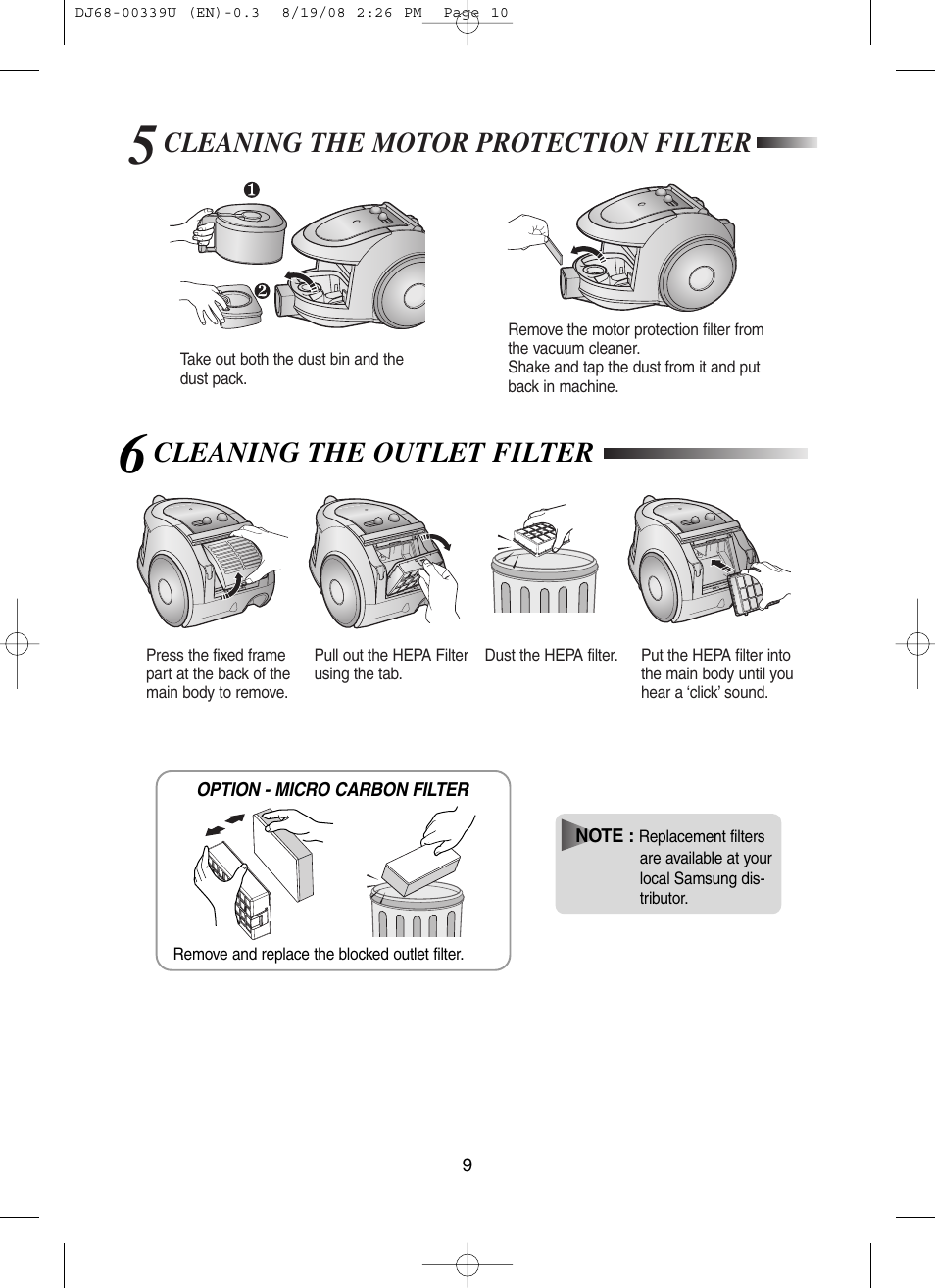 5cleaning the motor protection filter, 6cleaning the outlet filter, Cleaning the outlet filter | Cleaning the motor protection filter | Samsung DJ68-00339U User Manual | Page 10 / 12