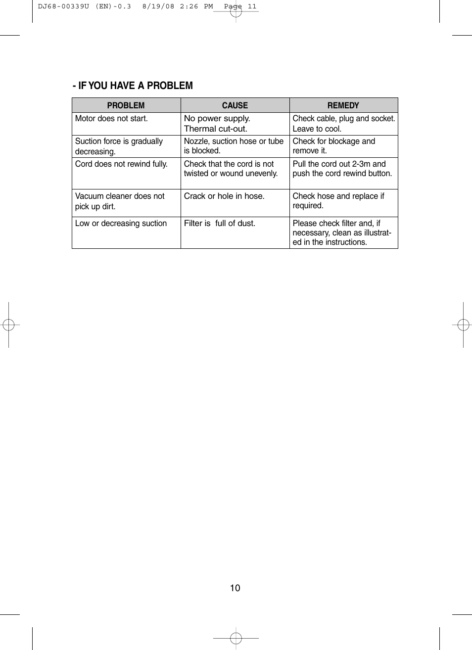 If you have a problem | Samsung DJ68-00339U User Manual | Page 11 / 12