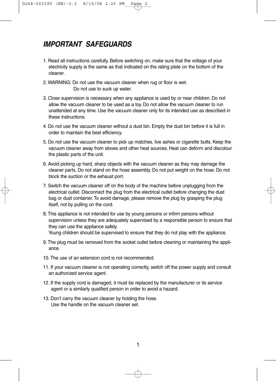 Important safeguards | Samsung DJ68-00339U User Manual | Page 2 / 12