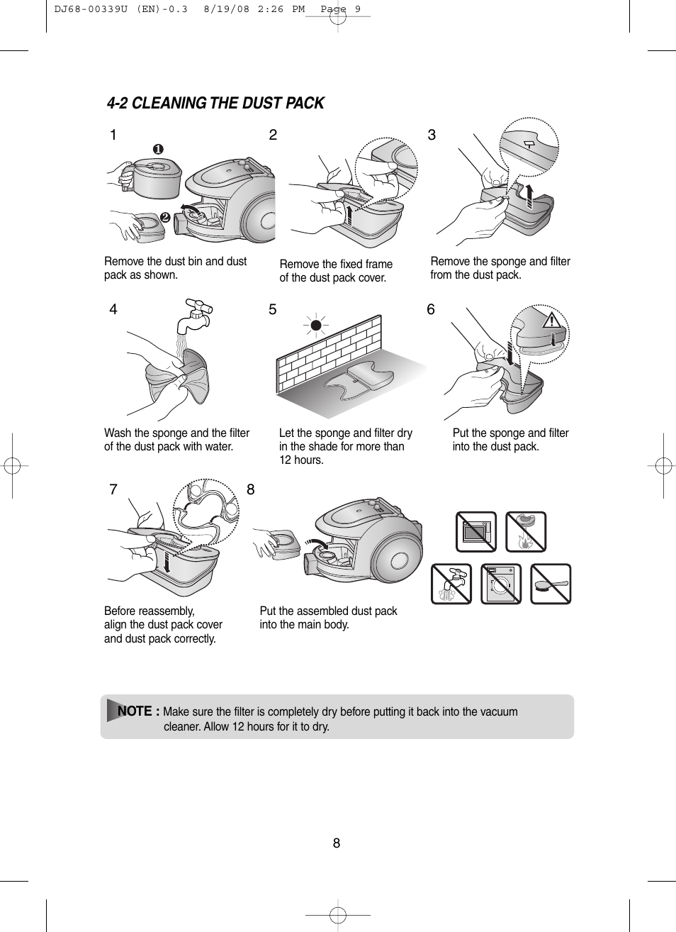 2 cleaning the dust pack | Samsung DJ68-00339U User Manual | Page 9 / 12
