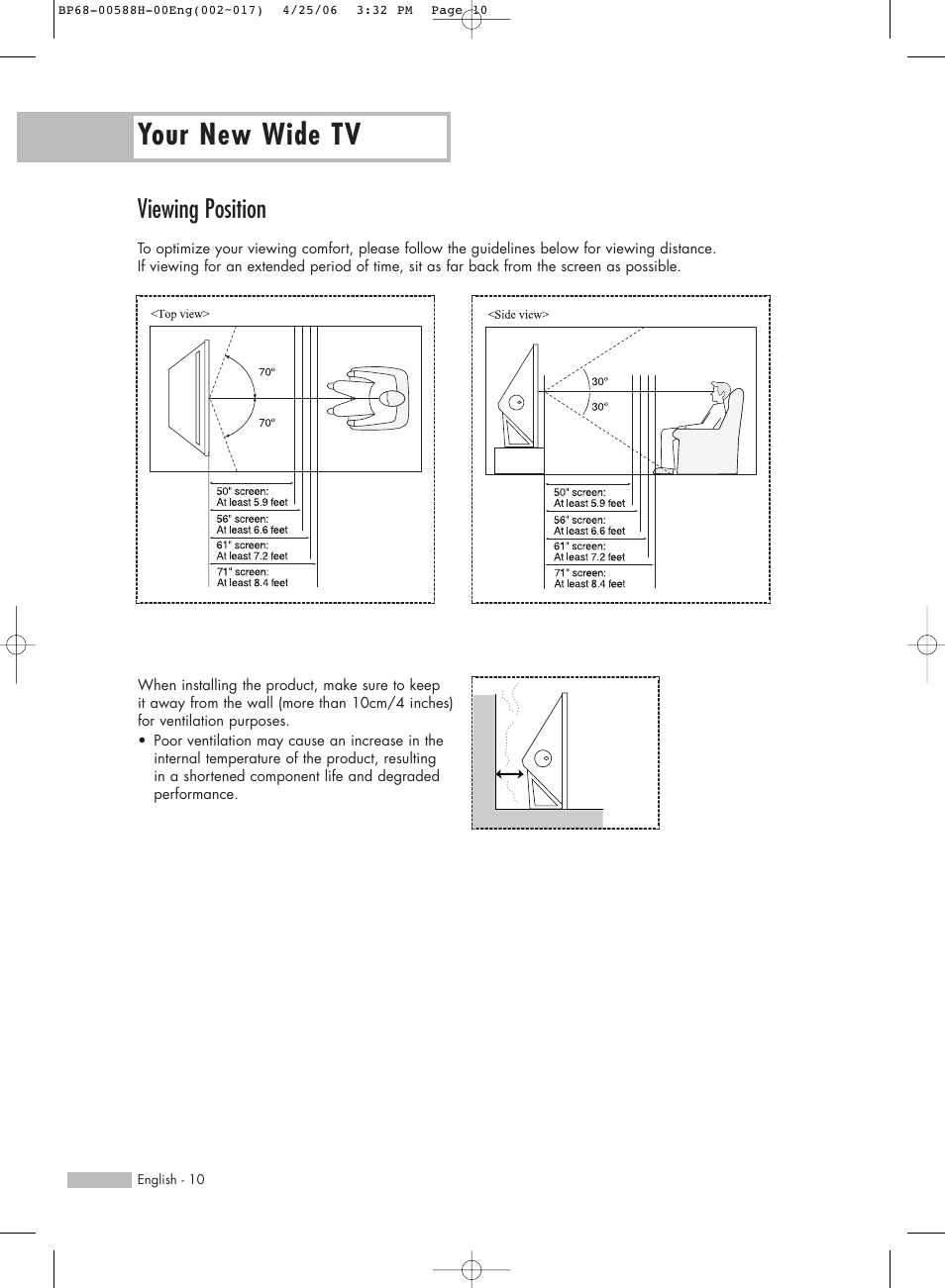Viewing position, Your new wide tv | Samsung HL-S6188W User Manual | Page 10 / 160