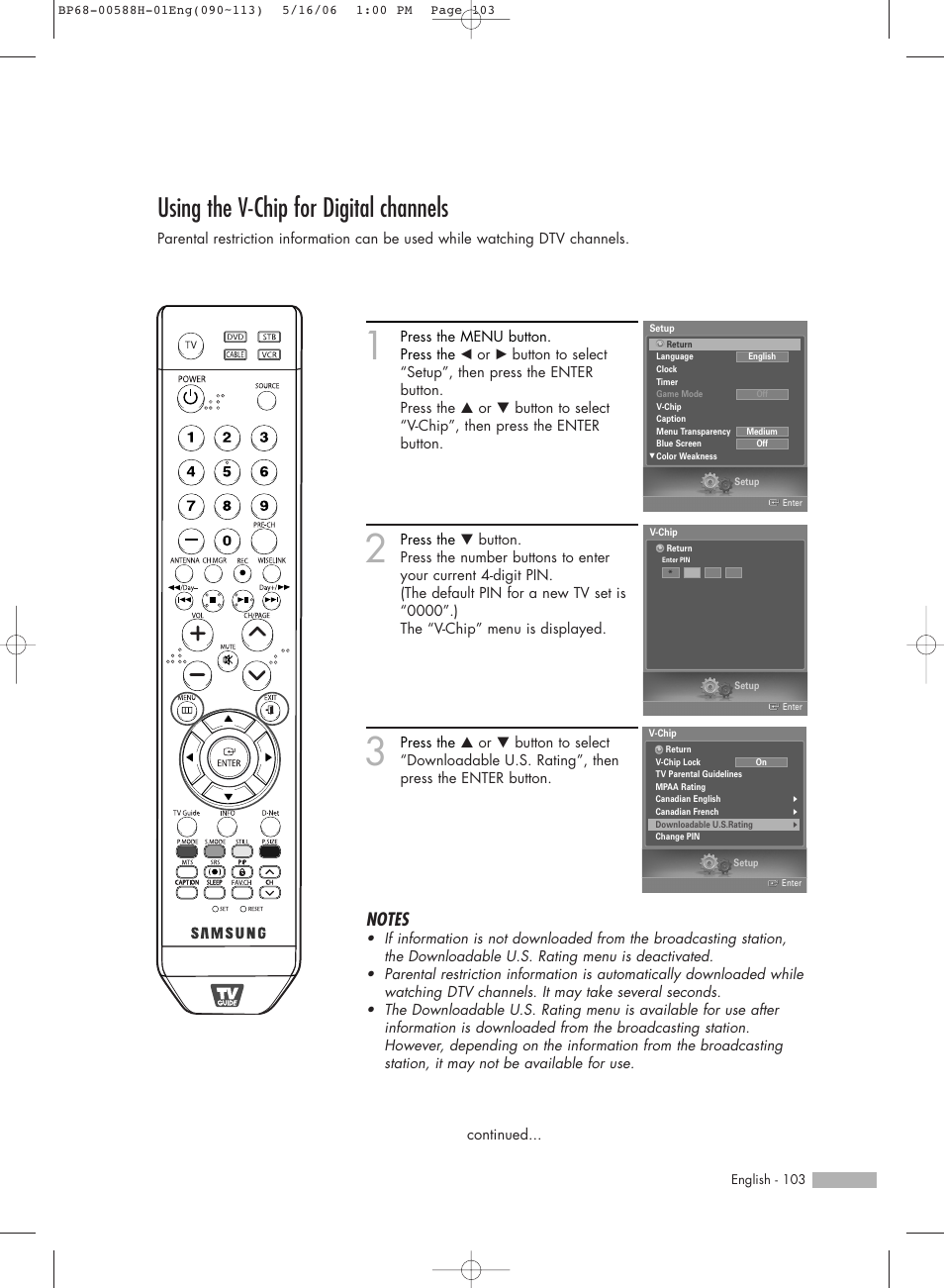 Using the v-chip for digital channels | Samsung HL-S6188W User Manual | Page 103 / 160