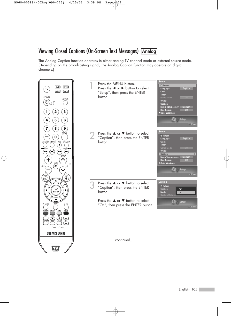 Viewing closed captions (on-screen text messages), Analog | Samsung HL-S6188W User Manual | Page 105 / 160