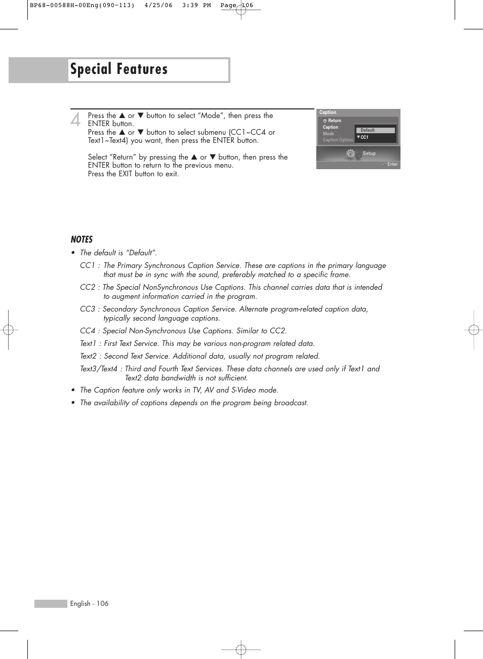 Special features | Samsung HL-S6188W User Manual | Page 106 / 160