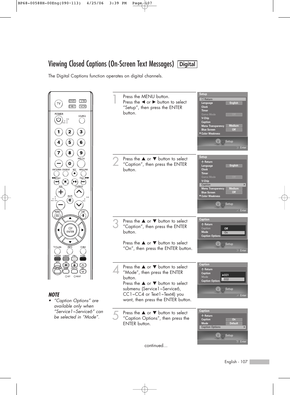 Viewing closed captions (on-screen text messages), Digital | Samsung HL-S6188W User Manual | Page 107 / 160