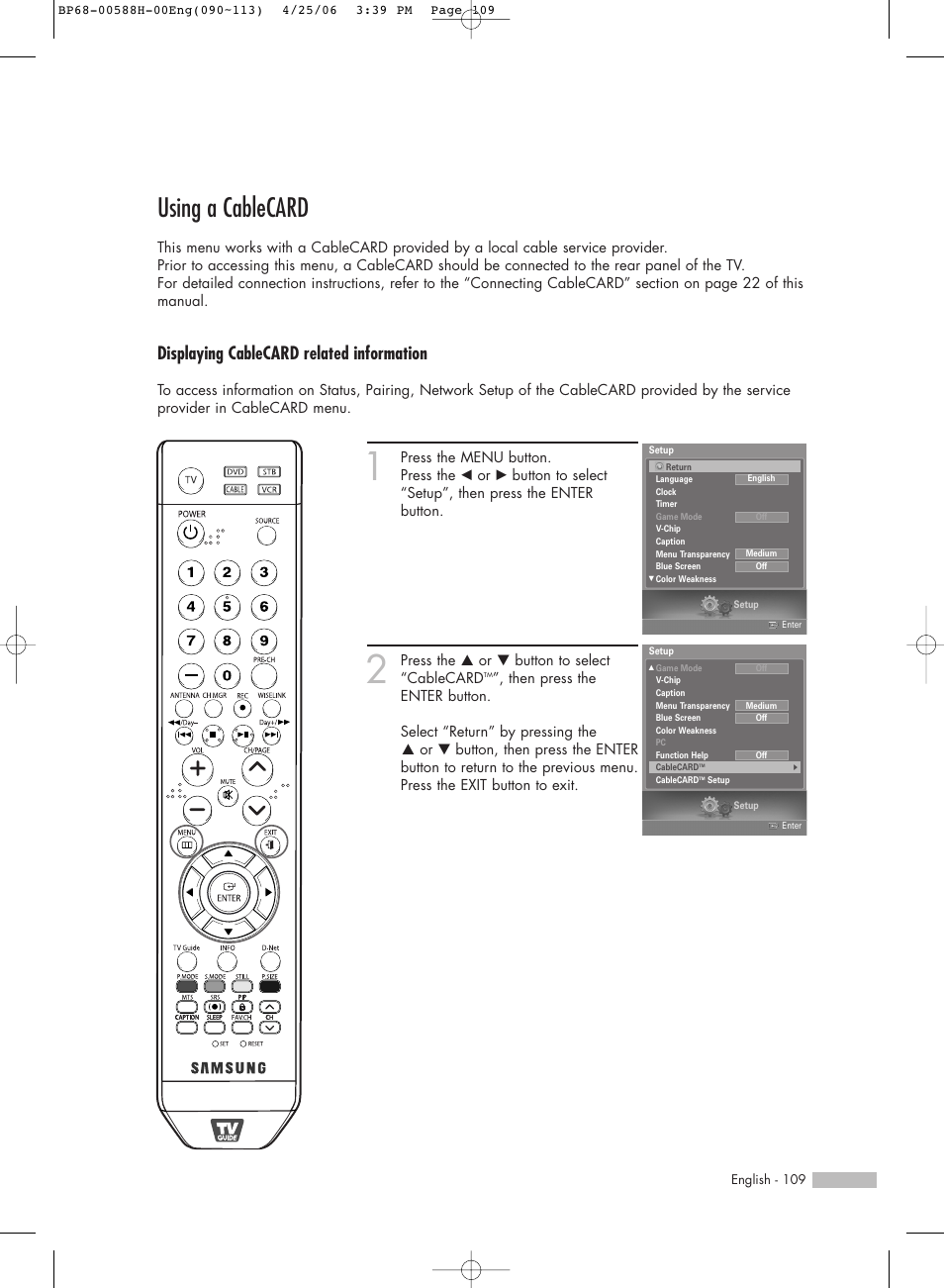 Using a cablecard, Displaying cablecard related information | Samsung HL-S6188W User Manual | Page 109 / 160