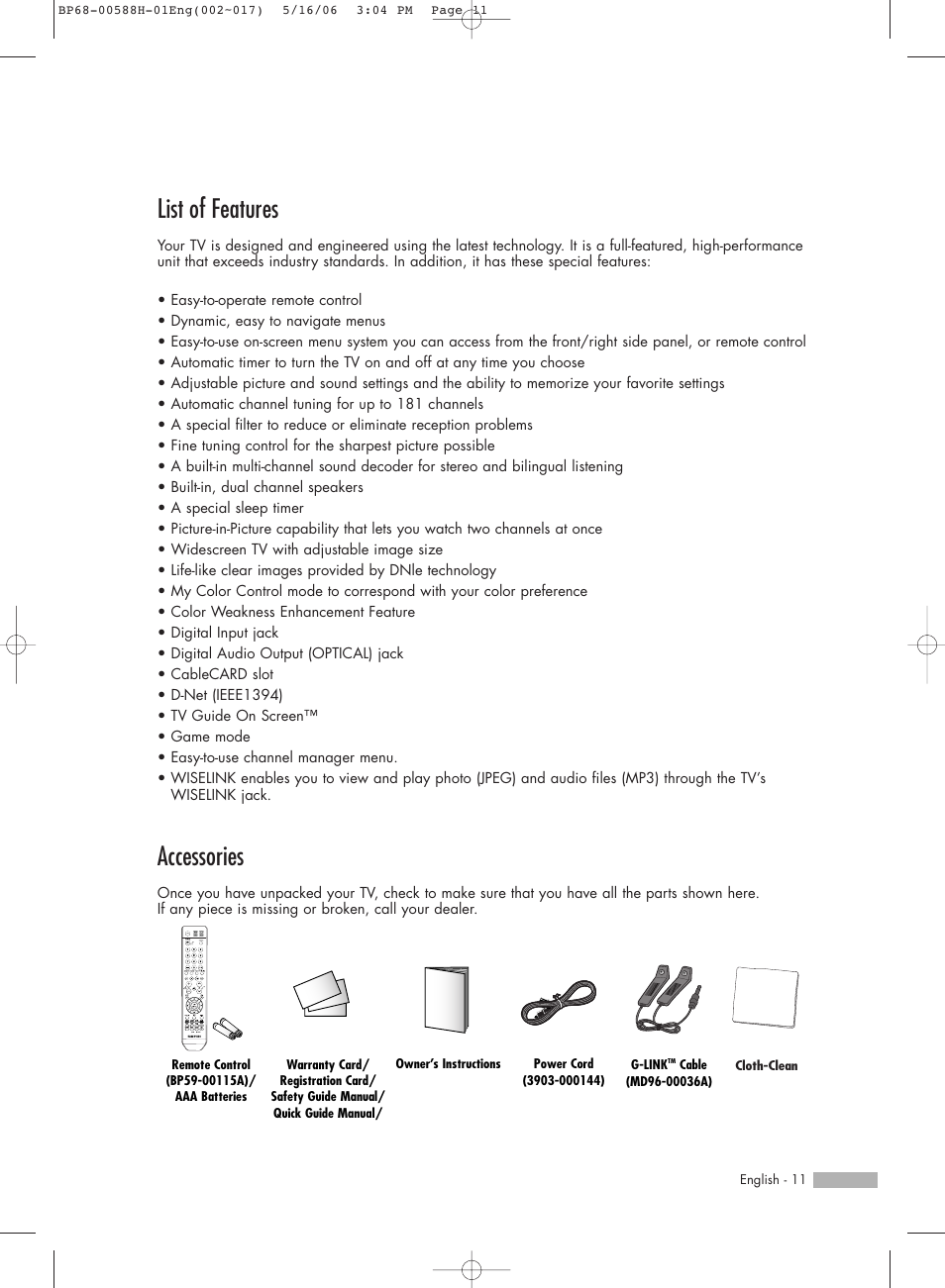 List of features, Accessories | Samsung HL-S6188W User Manual | Page 11 / 160