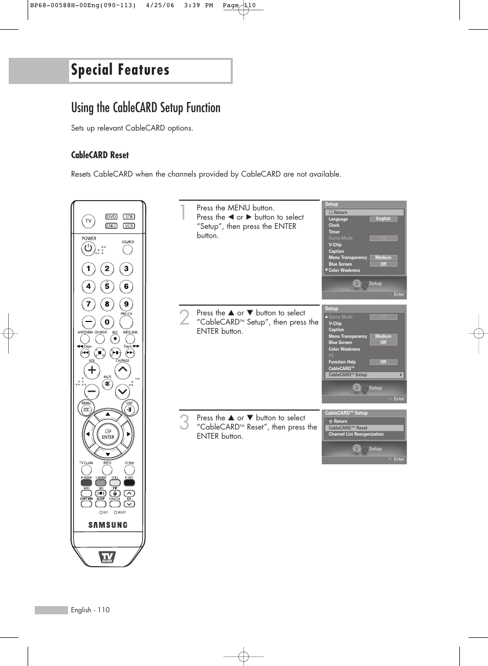 Using the cablecard setup function, Special features, Cablecard reset | Samsung HL-S6188W User Manual | Page 110 / 160