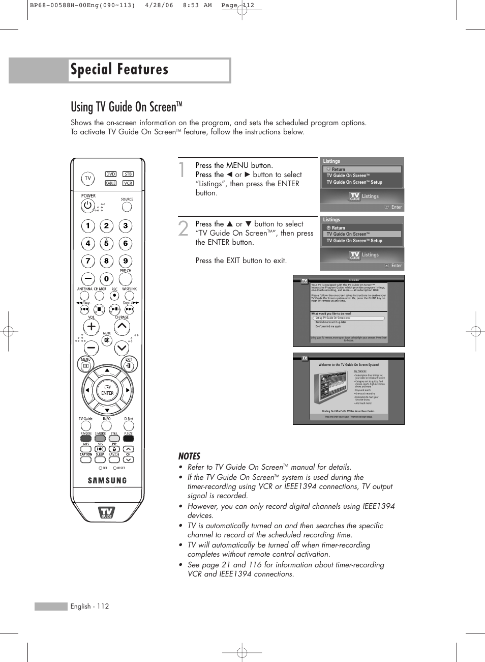 Using tv guide on screentm, Special features, Using tv guide on screen | Samsung HL-S6188W User Manual | Page 112 / 160