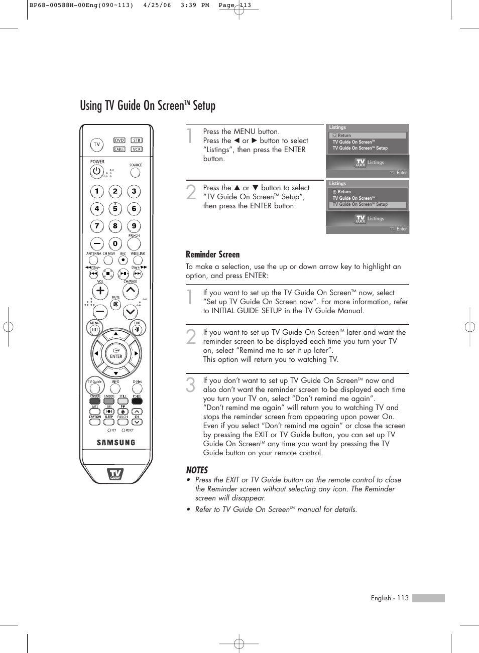 Using tv guide on screentm setup, Using tv guide on screen, Setup | Reminder screen | Samsung HL-S6188W User Manual | Page 113 / 160