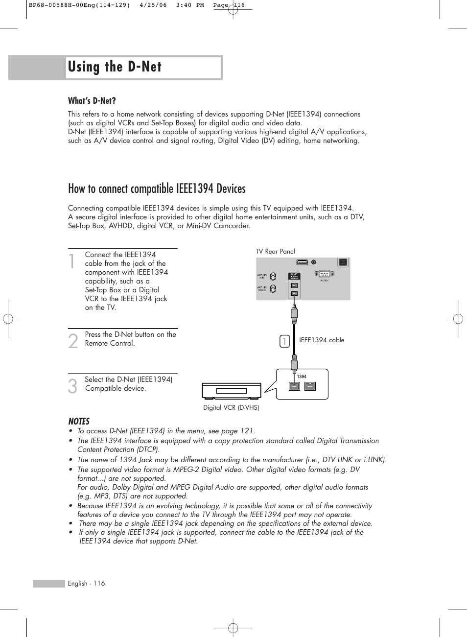 How to connect compatible ieee1394 devices, Using the d-net | Samsung HL-S6188W User Manual | Page 116 / 160