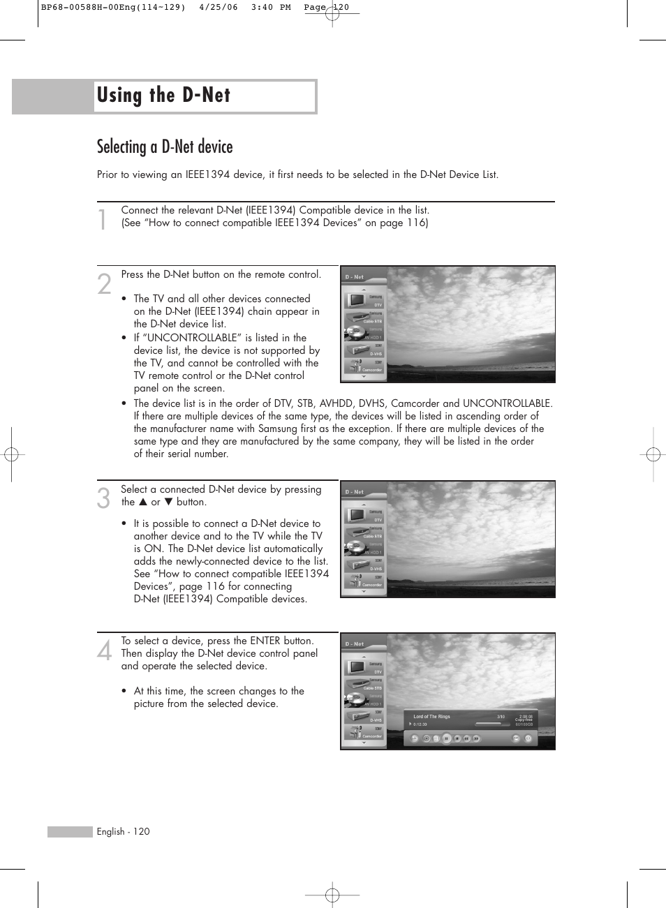 Selecting a d-net device, Using the d-net | Samsung HL-S6188W User Manual | Page 120 / 160