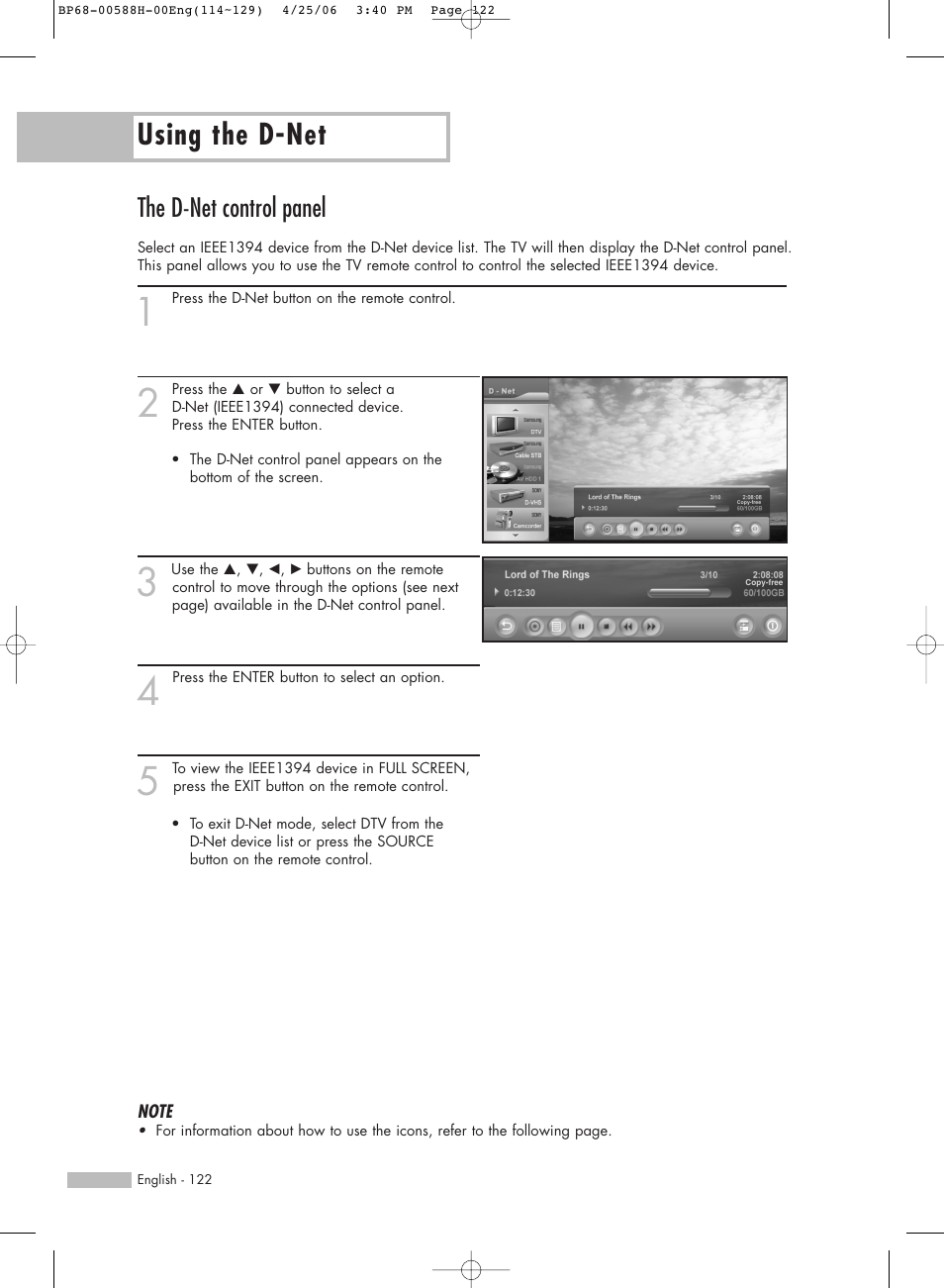 The d-net control panel, Using the d-net | Samsung HL-S6188W User Manual | Page 122 / 160