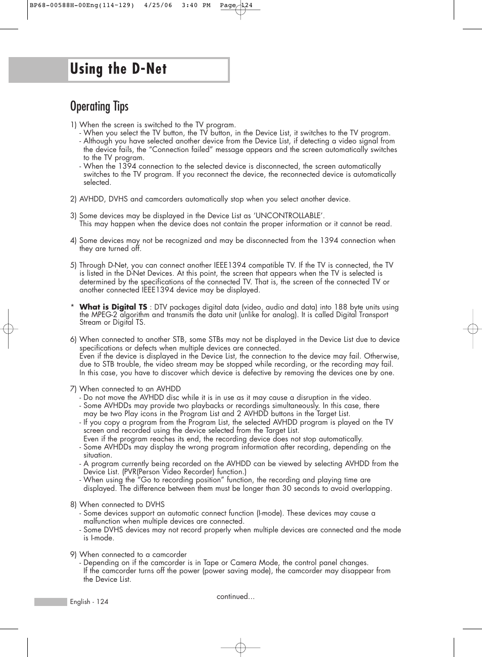 Operating tips, Using the d-net | Samsung HL-S6188W User Manual | Page 124 / 160
