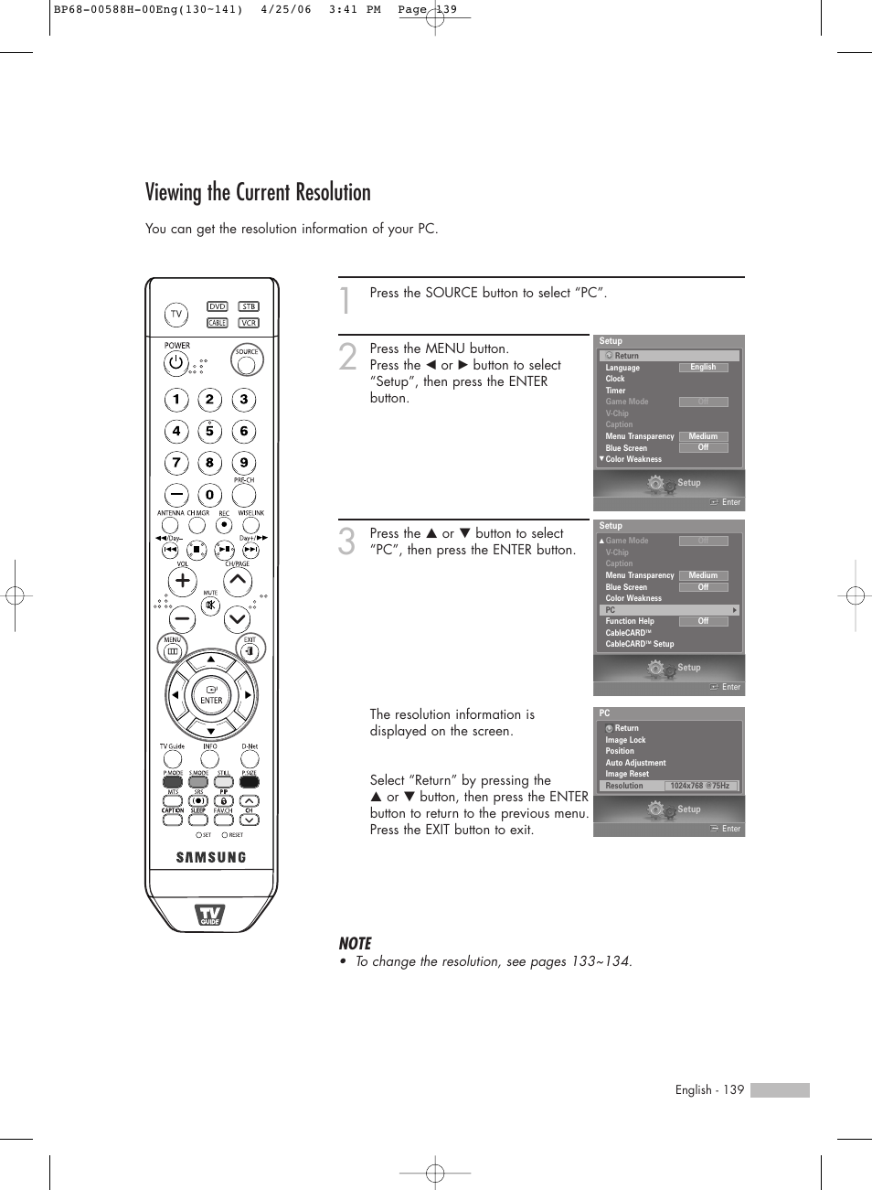 Viewing the current resolution | Samsung HL-S6188W User Manual | Page 139 / 160