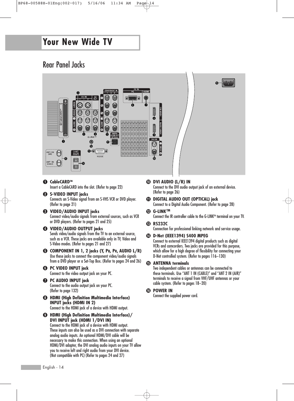 Rear panel jacks, Your new wide tv | Samsung HL-S6188W User Manual | Page 14 / 160