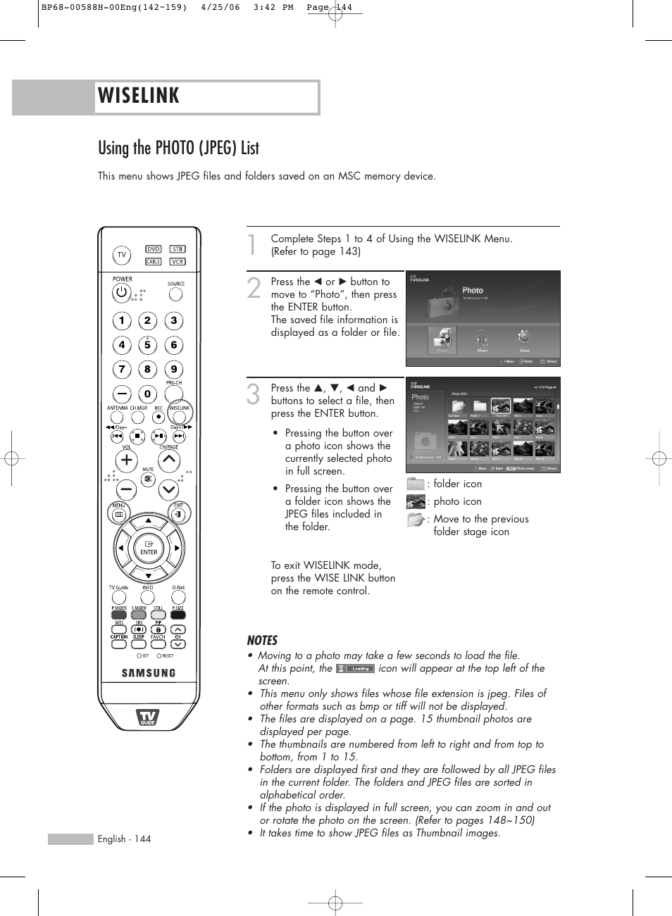 Using the photo (jpeg) list, Wiselink | Samsung HL-S6188W User Manual | Page 144 / 160