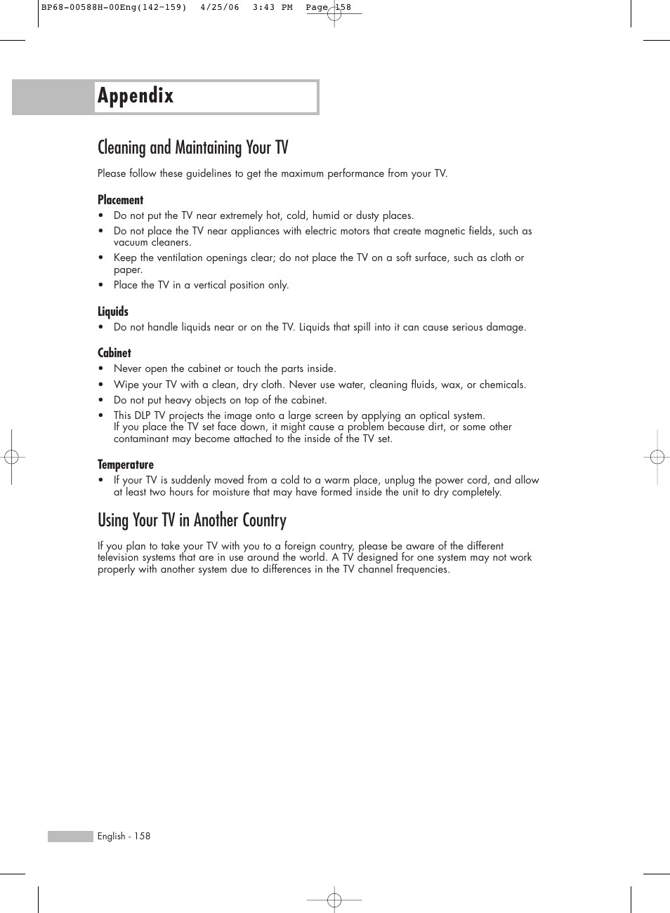 Cleaning and maintaining your tv, Using your tv in another country, Appendix | Samsung HL-S6188W User Manual | Page 158 / 160