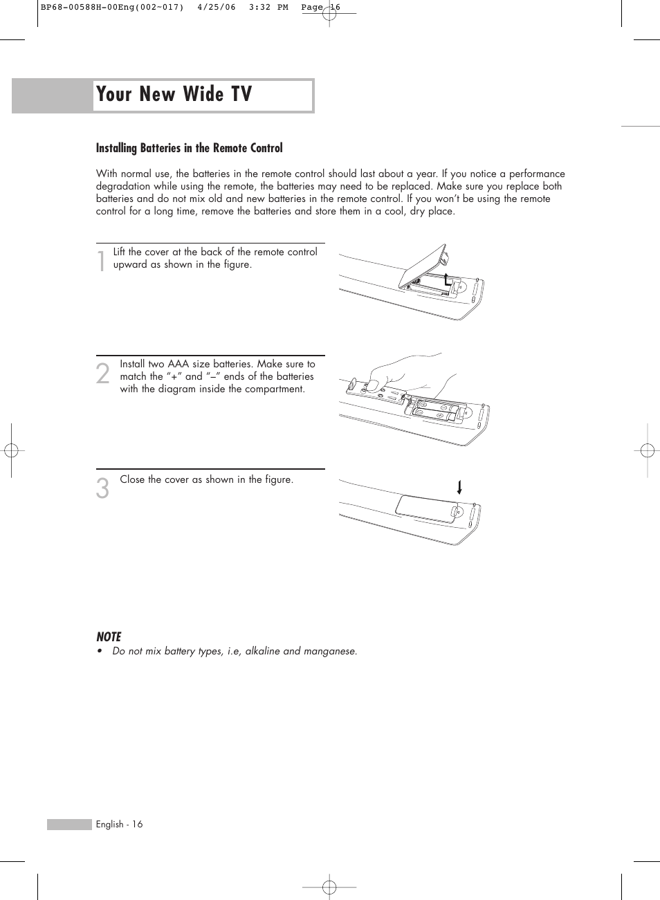 Installing batteries in the remote control, Your new wide tv | Samsung HL-S6188W User Manual | Page 16 / 160